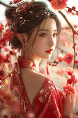 Chinese style oil painting features portrait of a woman wearing traditional chinese dress with flowers red color wall art