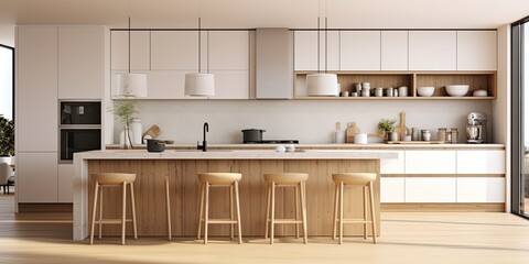  a contemporary kitchen with white and wooden elements, including walls, floor, countertops, cupboards, and a bar with stools.