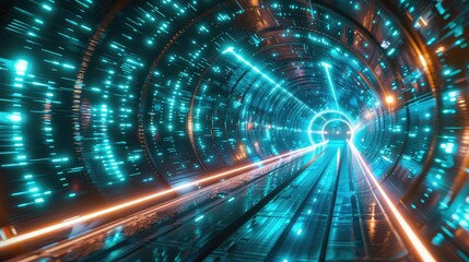 abstract futuristic background portal tunnel with blue and green glowing neon moving high speed wave lines and flare lights
