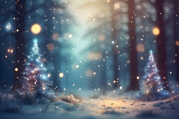 Bokeh winter forest background. Christmas and new year event concept. Generative AI 