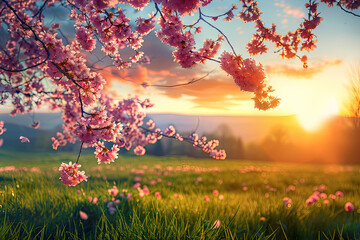Pink cherry tree blossom flowers are blooming in a green grass meadow against a backdrop of a spring Easter sunrise.