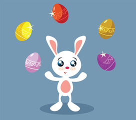 Easter Bunny Juggling with Eggs Vector Funny Holiday Card. Cheerful design of a hare playing with Easter eggs 
