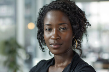 Portrait of a black businesswoman looking directly at the camera in an office environment