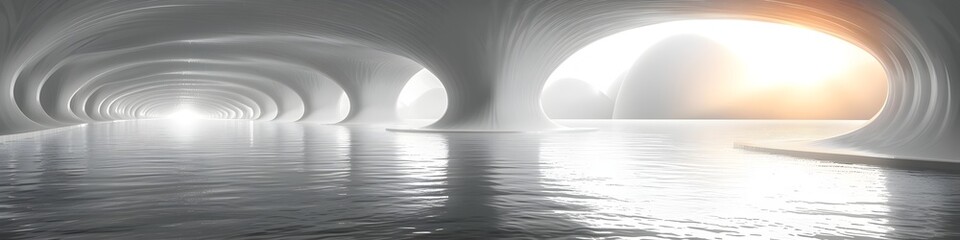 White Arches with Water and Sunlight in Monochromatic Style