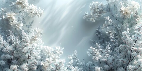 Ethereal Winter Scene with White Flowers and Snowman, To convey a sense of delicate beauty and tranquility in a fantasy winter world