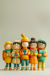 group of teenagers using mobile / cell phone in plasticine/clay style.
