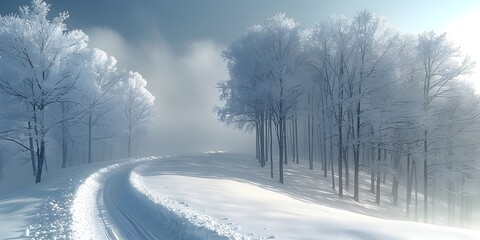 Fototapeta premium Ethereal Winter Scene with Snowy Road and Trees, To provide a high-quality, seasonal wallpaper for use on desktop or mobile devices, showcasing the