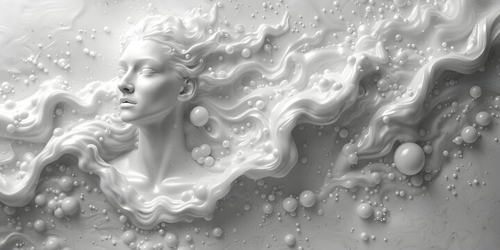 Wistful Woman Surrounded by Bubbles in ZBrush Style, To showcase the unique and imaginative style of ZBrush through a detailed and captivating 3D