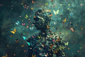 Digital artwork illustration featuring a shattered human sculpture surrounded by colorful butterflies, representing freedom and transformation - obrazy, fototapety, plakaty