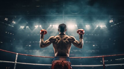A rear view of a boxing champion enjoying his victory in the lights of the ring. Competitions, Sports, Energy, Healthy lifestyle concepts. - obrazy, fototapety, plakaty