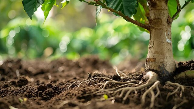 The intricate network of roots and soil visible in a closeup of a thriving coffee tree symbolizing the strong foundation of sustainable practices.