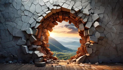 Papier Peint photo Gris Exploding wall. Mountain landscape with stone gate at sunset.