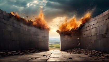 Exploding wall with free space - obrazy, fototapety, plakaty