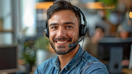 Close-up of a dashing man wearing a headset and grinning while working in an office as a customer service representative or contact center employee.