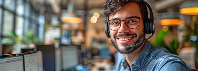 Close-up of a dashing man wearing a headset and grinning while working in an office as a customer service representative or contact center employee.