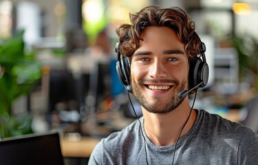 Close-up of a dashing man wearing a headset and grinning while working in an office as a customer service representative or contact center employee.