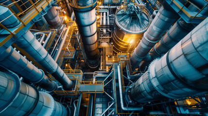 A complex network of pipes and cylindrical structures dominate the interior of a large industrial power plant. - obrazy, fototapety, plakaty