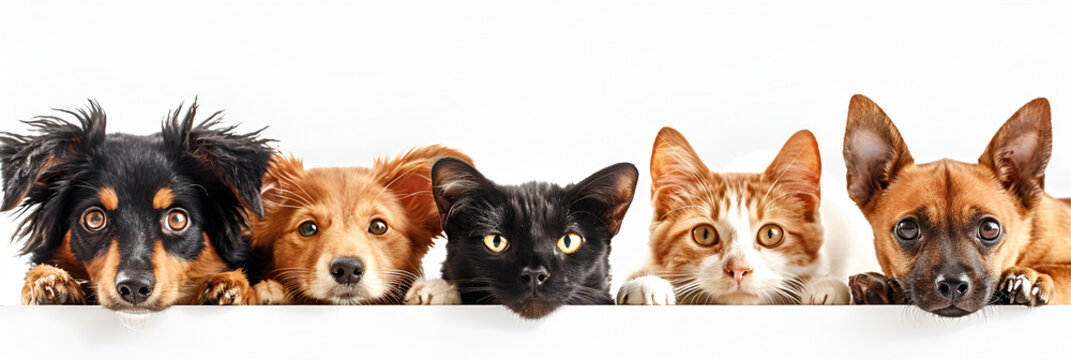 Dogs and Cats Peeking Over Web Banner, generative Ai