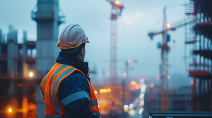 A construction supervisor in a reflective vest and hard hat observes the progress of a building site as evening falls.