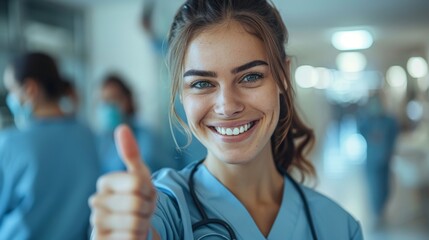 portrait of a smiling nurse making a thumb up gesture - obrazy, fototapety, plakaty