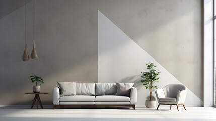 Stylish modern white armchair in an empty room full of sunlight. White wall and floor with copy space.geometric shapes of modernist architecture