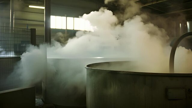 Steam rises from a large vat of freshly pasteurized milk the warm smell filling the air in the processing barn.