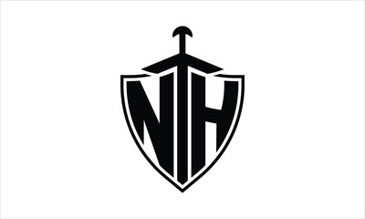 NH initial letter shield icon gaming logo design vector template. batman logo, sports logo, monogram, polygon, war game, symbol, playing logo, abstract, fighting, typography, icon, minimal, knife logo