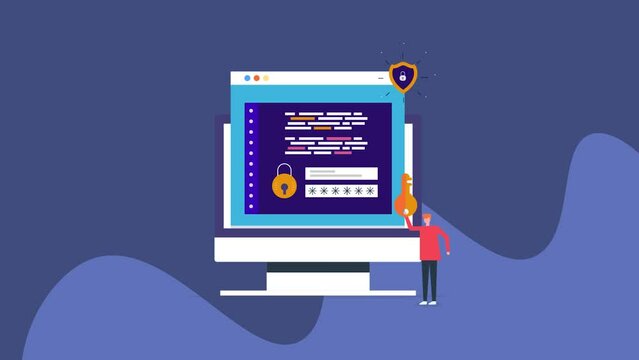 Cyber security concept. Businessman holds key access control. Data encryption and information protection with cyber security programming and codding system. Video animation 2d clip.