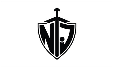 NJ initial letter shield icon gaming logo design vector template. batman logo, sports logo, monogram, polygon, war game, symbol, playing logo, abstract, fighting, typography, icon, minimal, knife logo