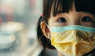 A young girl wearing a yellow surgical mask. She is looking at the camera. Concept of caution and concern for health
