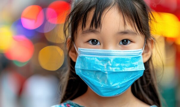A young girl wearing a blue surgical mask. She is looking at the camera. The image has a somewhat serious and somber mood