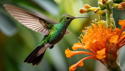 Vibrant Encounter: Green Hummingbird in Flight beside Orange Tropical Blossom"