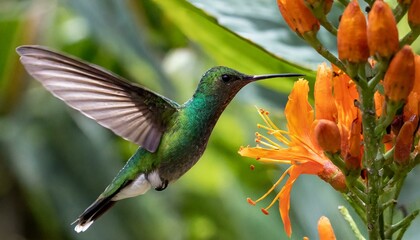 Fototapeta premium Vibrant Encounter: Green Hummingbird in Flight beside Orange Tropical Blossom