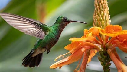 Obraz premium Vibrant Encounter: Green Hummingbird in Flight beside Orange Tropical Blossom