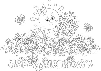 Birthday card with a happy little Sun holding a beautiful bouquet among colorful flowers and merry butterflies flying around a pretty flowerbed in a summer fairy garden, vector cartoon
