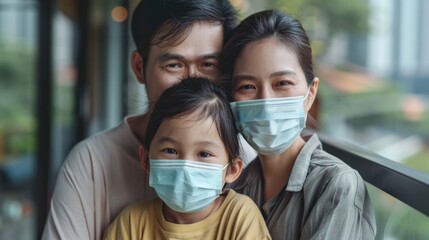 A family of three, a man, a woman and a child, are wearing masks