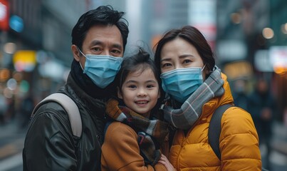 A family of three, a man, a woman and a child, are wearing masks and standing on a street - obrazy, fototapety, plakaty