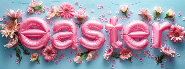 pink inflated, plump ,  three-dimensional text Easter with spring flowers on blue background . Greeting card , seasonal holiday. - obrazy, fototapety, plakaty