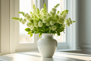 A bouquet of white flowers stands in a white vase on a white table.