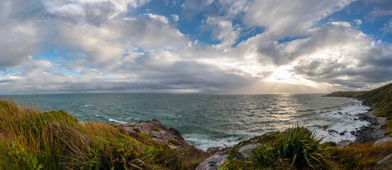 Bluff Hill Motupohue Lookout Offering Views of Foveaux Strait and Native Forests in Wind-Battered Southland, New Zealand