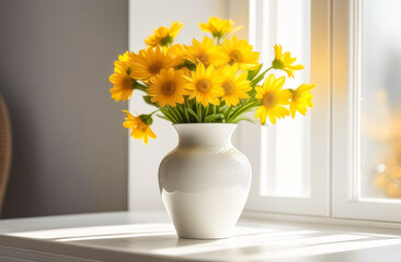 A bouquet of yellow flowers stands in a white vase on a white table.