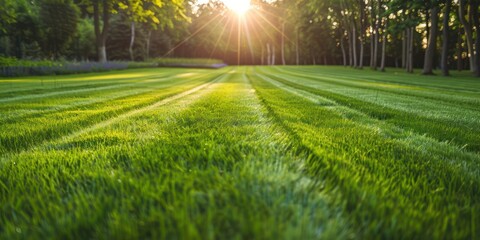 green field with sun rays, mowed lawn