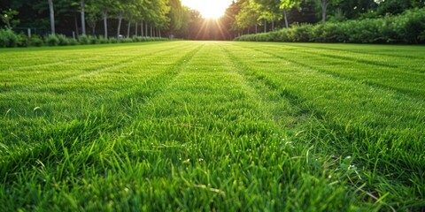 Beautiful green grass after mowed lawn  - obrazy, fototapety, plakaty