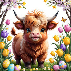 Cute Highland Cow Easter Illustration