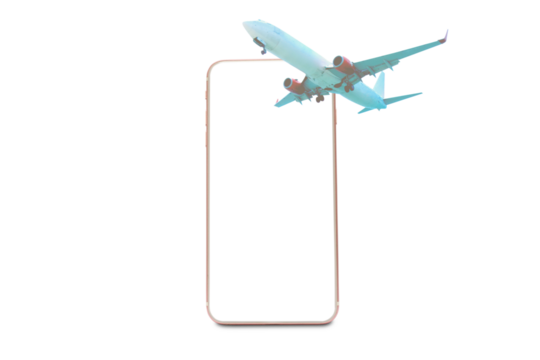 application web design book a airplane ticket with smartphone white screen and plane on transparent background and PNG file