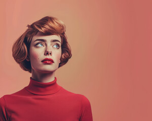Portrait of a young woman from the 60s isolated from a copy space background