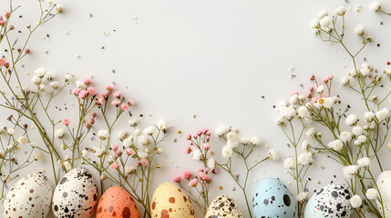 Easter composition of colorful quail eggs and spring background, generative Ai