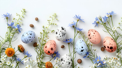 Easter composition of colorful quail eggs and spring background, generative Ai - obrazy, fototapety, plakaty