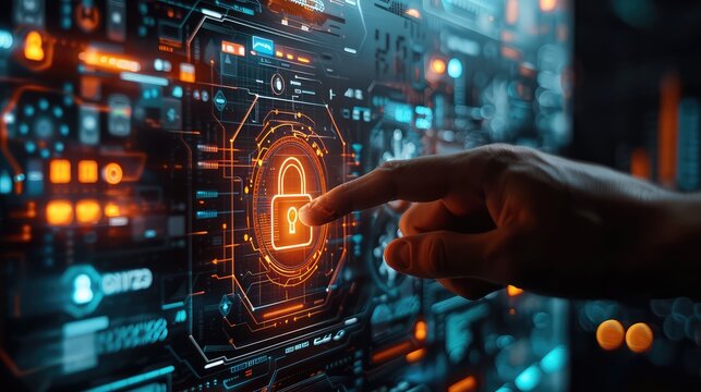 information security with a padlock on a computer screen with a hand about to touch it