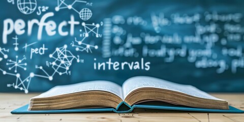 Quest for Perfection in Knowledge: An Open Book on a Wooden Desk with Mathematical Concepts on the Blackboard Behind, Generative AI